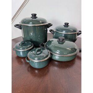 Megaware Enamel Green Pot Pan Lid 10pc Set Spain MINT